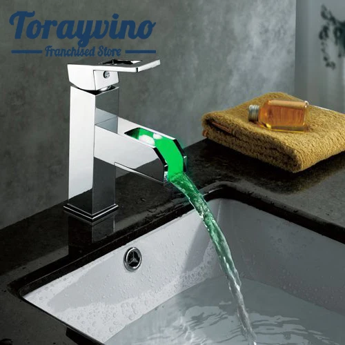 Torayvino, хромированный светодиодный кран для ванной комнаты, кран для воды, смеситель для раковины, водопадный разбрызгиватель, раковины для раковины, смесители, краны