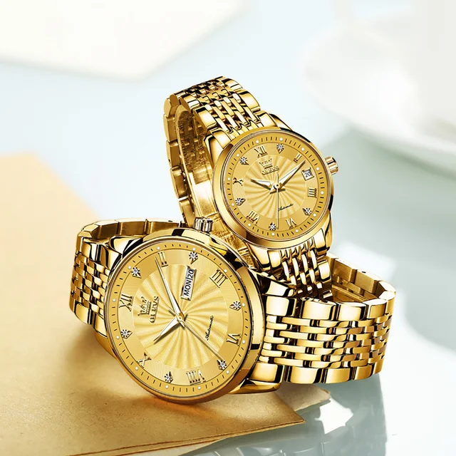 Luxury Gold Couple Watches Pair Men Women Automatic Mechanical Brand Rhinestone for Lovers Fashion Waterproof Sports Steel Box 5