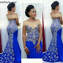 Королевские синие платья на выпускной с золотыми аппликациями кружева с открытыми плечами африканские женщины русалка вечернее платье с молнией сзади халат de soiree