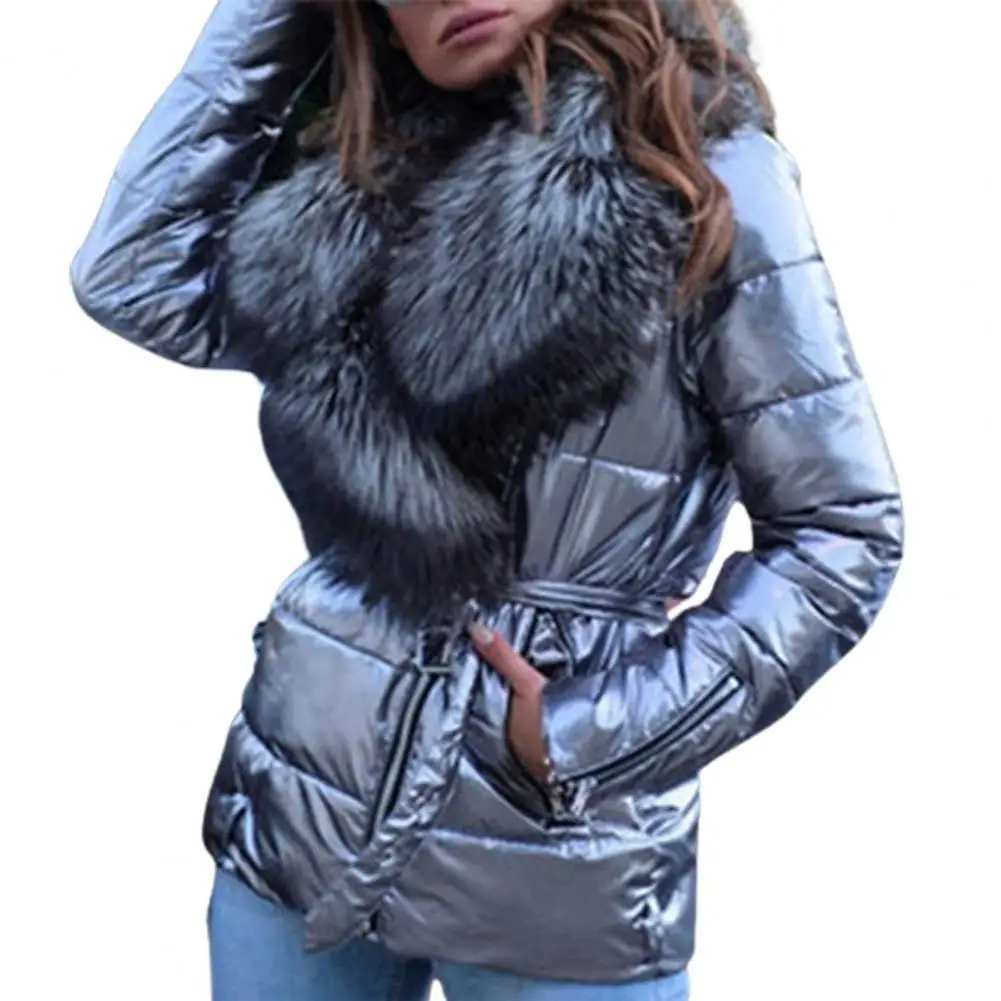 

Winter Thick Warm Women's Coat Slash Zipper Belt Bright Surface Women Jacket Autumn Lady Faux Fur Collar Puffer Jacket Overcoat