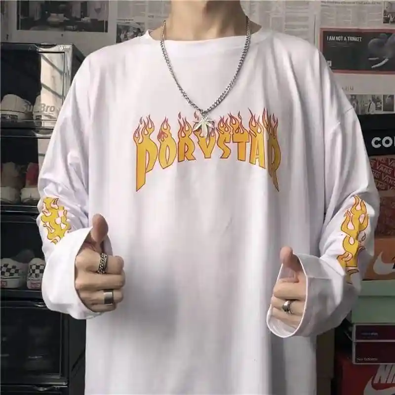 white tee NiceMix Harajuku футболка с принтом пламени 2 шт. Лоскутная Повседневная футболка с длинными рукавами для женщин и мужчин Уличная одежда Топы - Цвет: white tee