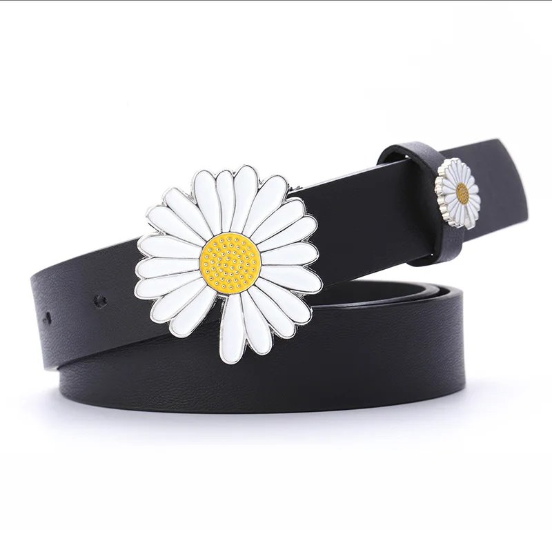

Women's flower decoration belt new net red daisy decoration black pu matching dress jeans thin belt 2.3cm wide