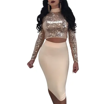

2019 Autumn Long Sleeve Crop Top And High Waist Skirt Outfits Two Piece Set Sequined Women Sexy Turtleneck Sequins Solid Sets