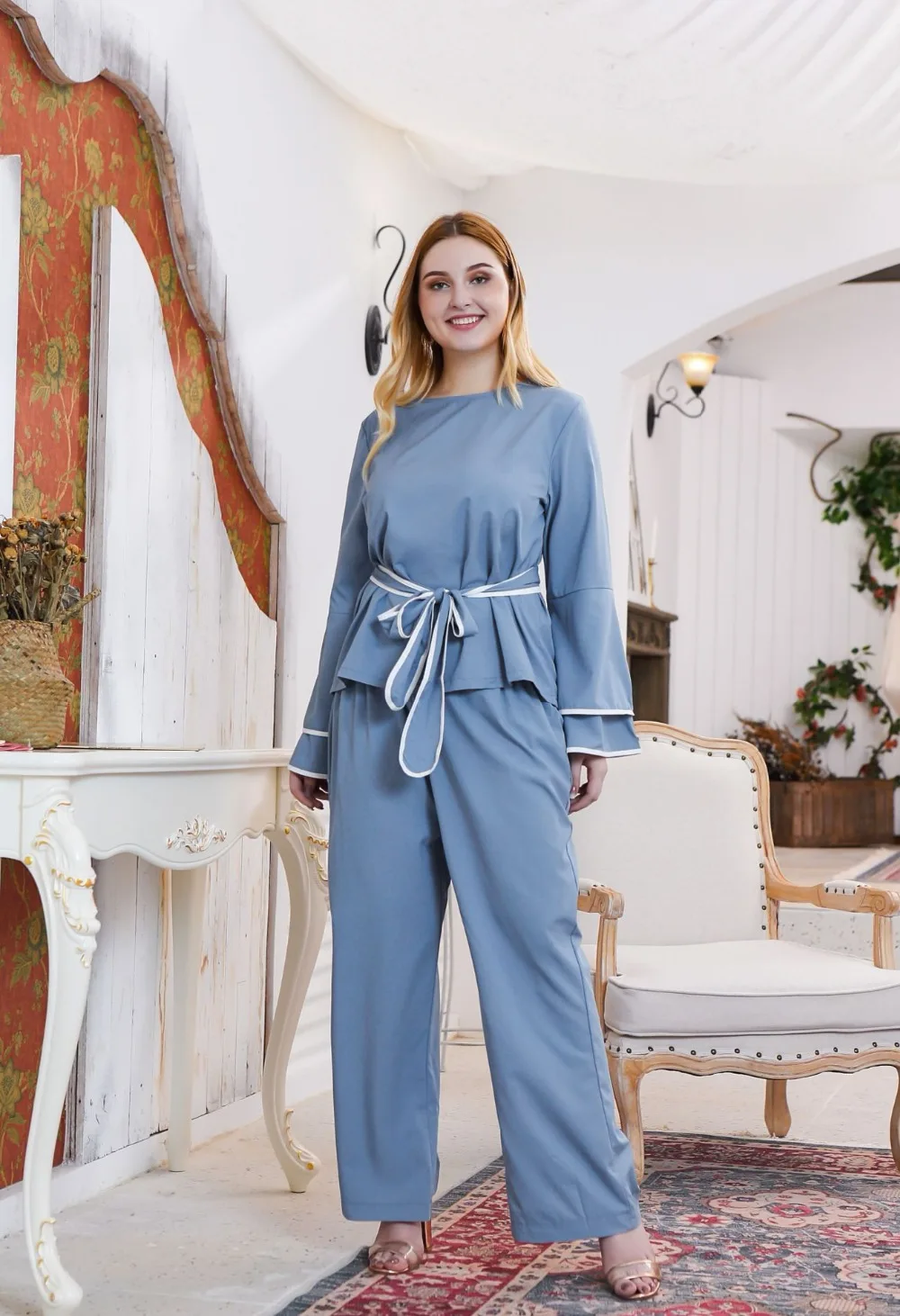 autumn winter plus size leisure home wear suits for women large loose long sleeve tops and pants sets blue 4XL 5XL 6XL 7XL