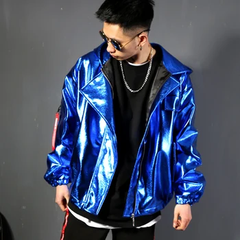 

New trend men's personality PU hooded wide shoulder leather jacket Europe and the United States men's stage DJ leather jackets