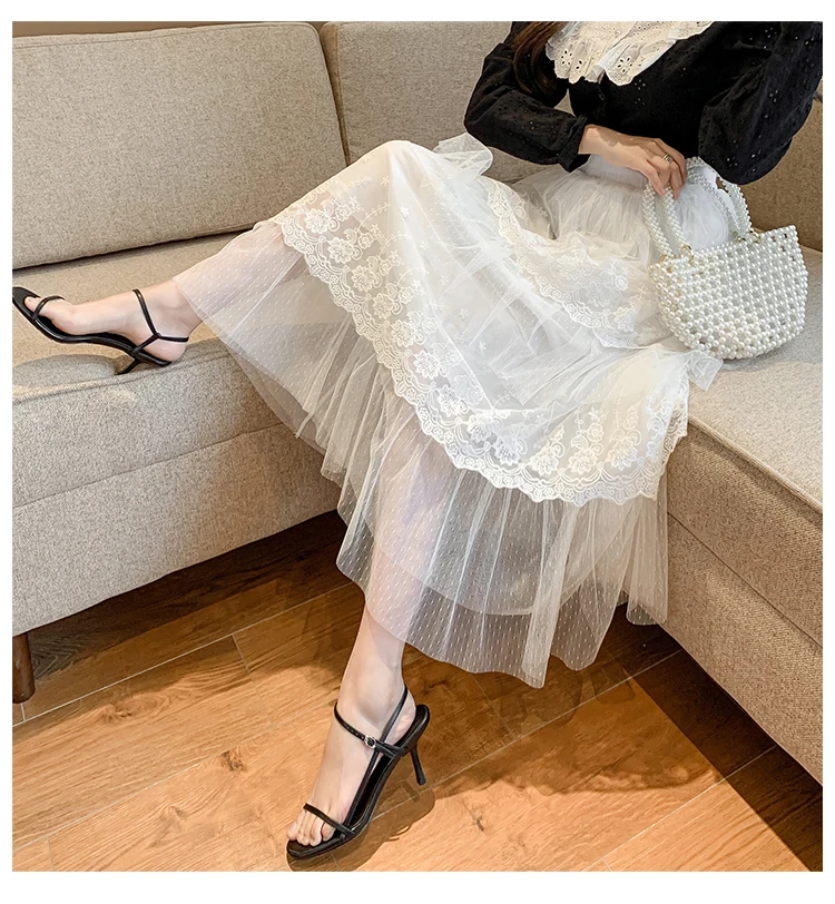 Elegant High Waist Black  Lace Tulle Women Skirt