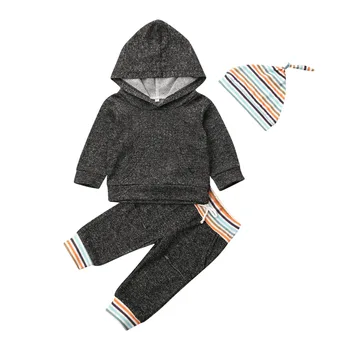 

0-24M 3pcs With HAt Autumn Winter Baby Boy Clothes Suit Outfits Newborn Infant Baby Boy Hooded Top Pants Hat