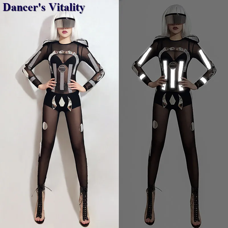 Sexy Luminous Mesh Воротник Танец Ночной Клуб Ds Костюмы Ночной Боди Женщины Черный Певица Команда Джаз Танцевальная одежда DJ Сценический Наряд