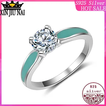 

100% 925 Sterling Silver Cubic Zirconia Solitaire Ring Wedding Band Women Pink Green Black Enamel Boho diamond rings for women