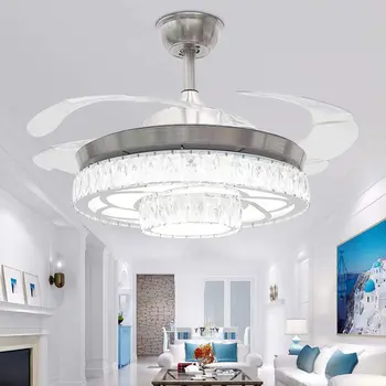 

42 Inch Invisible Crystal Ceiling Fans with LED Light and Remote, Indoor Ceiling Light with 4 Retractable ABS Blades Fans