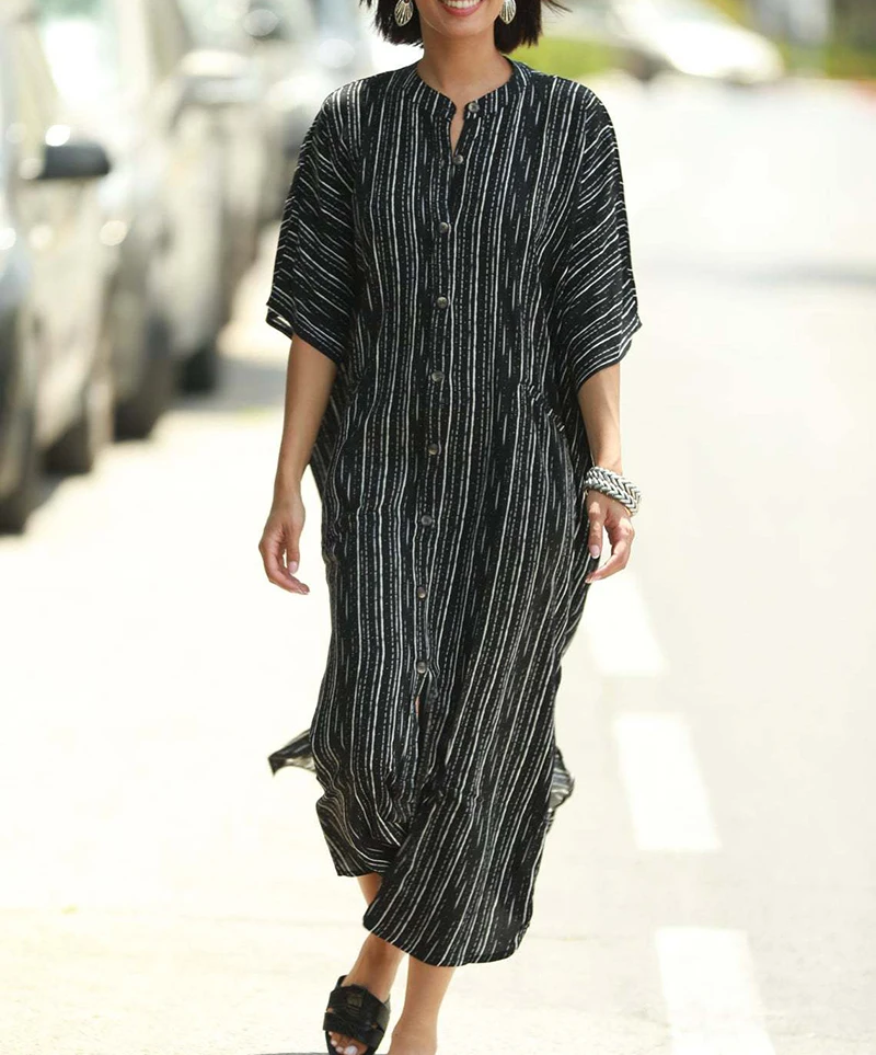 New Plus size Beach Shirt Cover up Striped Kaftan Beach Robe Plage Bathing suit cover ups Kimono Femme Top Women Summer Dress