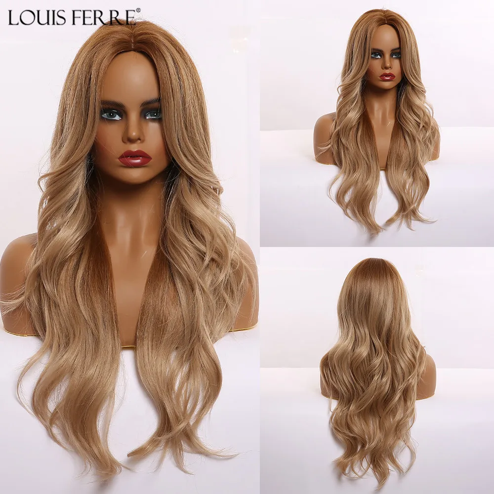 

LOUIS FERRE Long Brown Honey Golden Synthetic Wigs for Black Women Natural Wave Middle Part Cosplay Wigs Heat Resistant Fibre