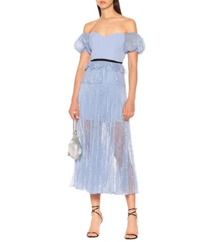 

YAMDI 2020 New arrive blue lace dress runway embroidery patchwork lace boho summer high waist bohemian off shoulder slash neck