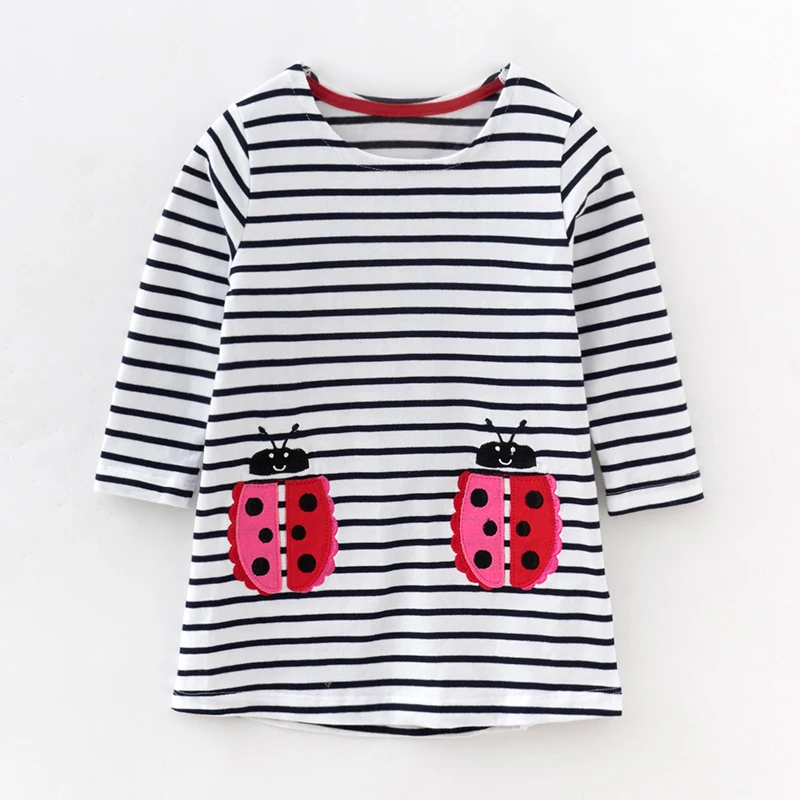 Little Maven/Новинка; сезон весна-осень; Детские платья в полоску с круглым вырезом и аппликацией божьей коровки для девочек 2-7 лет; Хлопковые вязаные платья с длинными рукавами