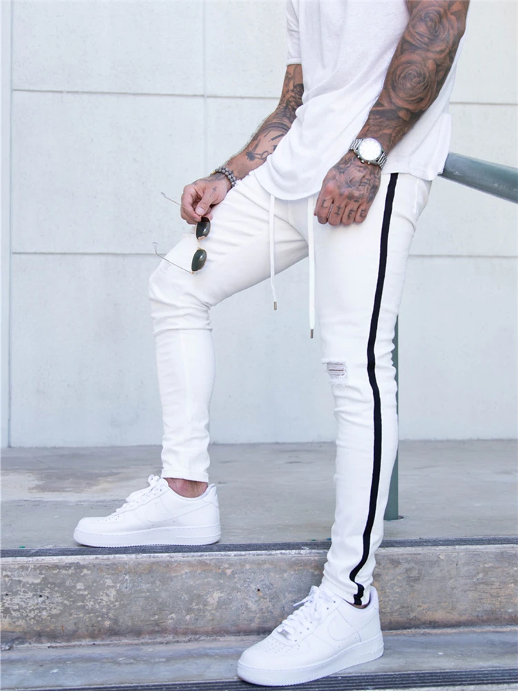 Tejanos Blancos con agujeros para Hombre, Vaqueros ajustados a rayas laterales para motorista, Jeans Blancos para Hombre, Spijkerbroeken Heren Denim