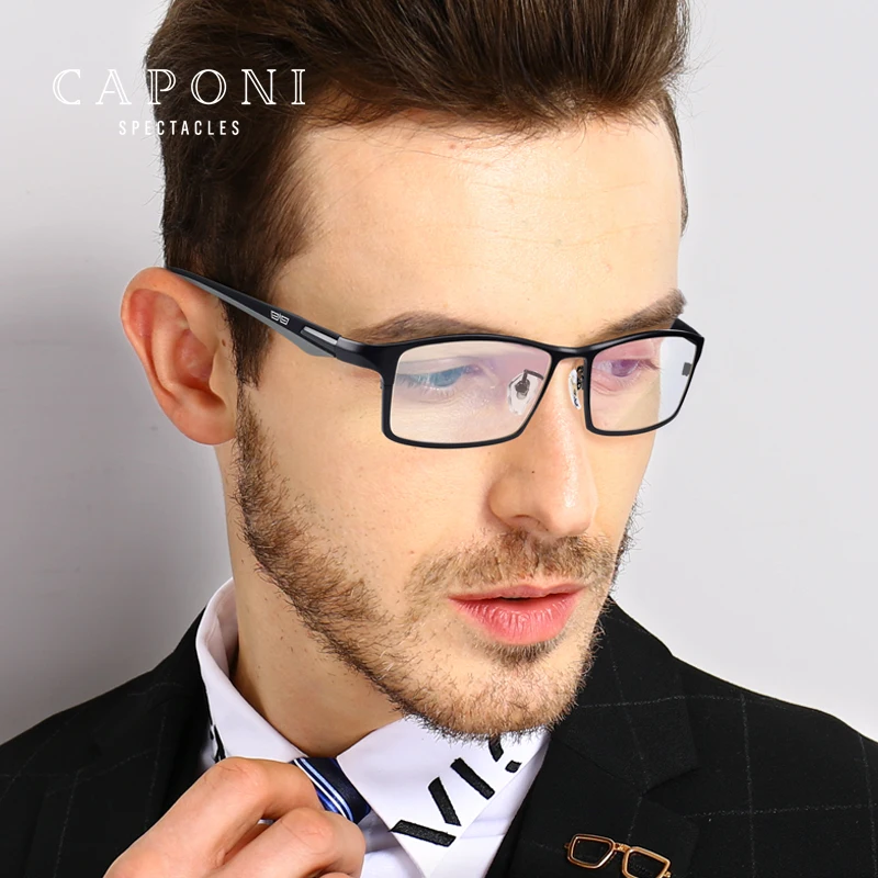 Najtaniej CAPONI marka tytanu ramki okularów dla mężczyzn przezroczyste soczewki elastyczne TR90 świątynie okulary kwadratowe pełne obręczy ramki okulary J9064
