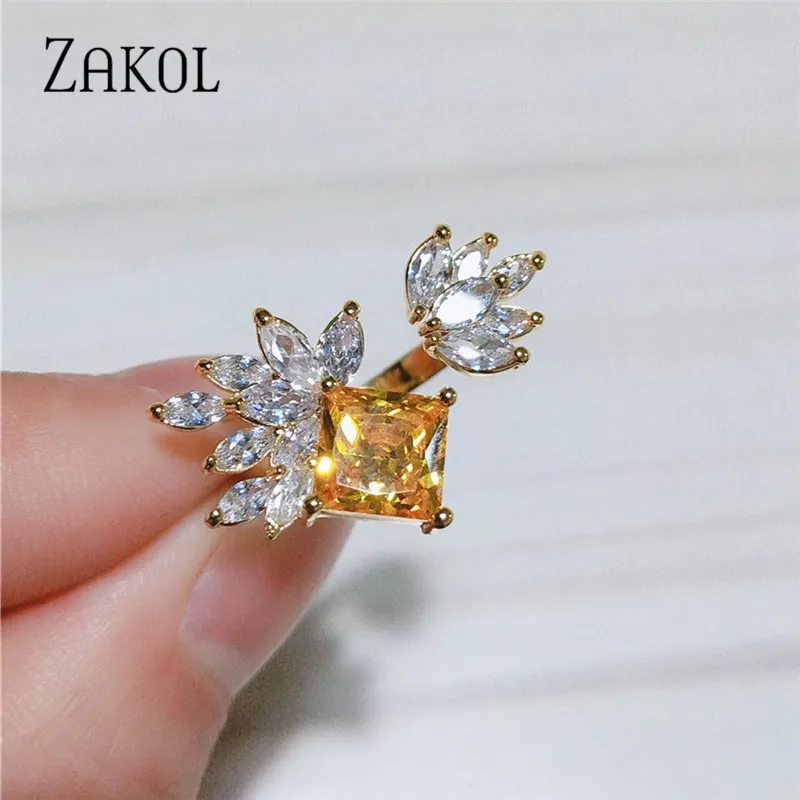 ZAKOL Новое поступление желтая квадратная AAA фианит открытые кольца Модные Листья Свадебные вечерние платья Ювелирные изделия FSRP2109 - Цвет основного камня: Yellow Gold Color