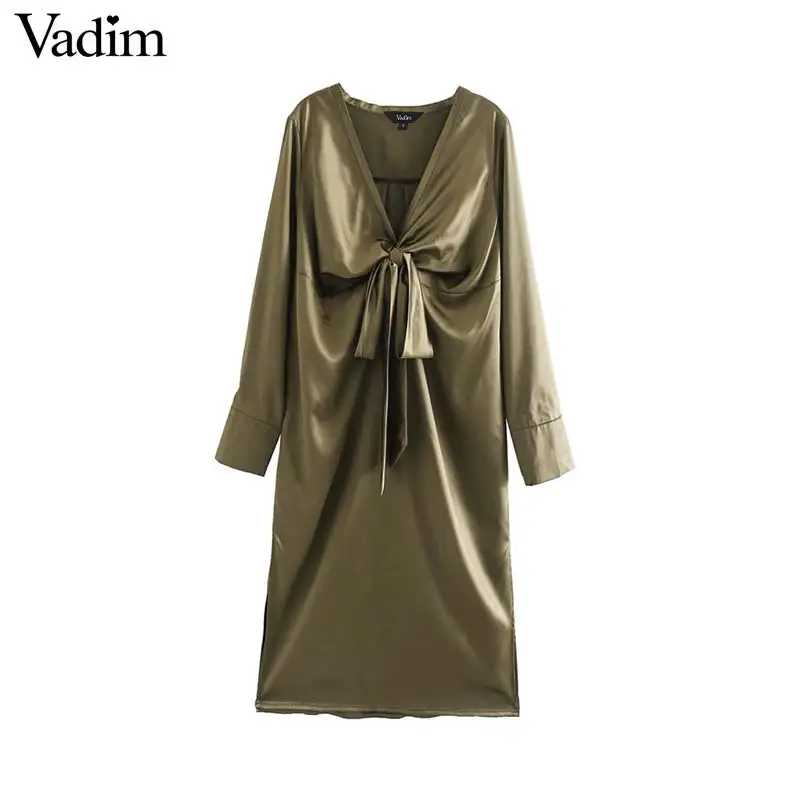 

Vadim women fashion bow tie decorate dress V neck long sleeve pleated female casual stylish solid midi dresses vestidos QD211