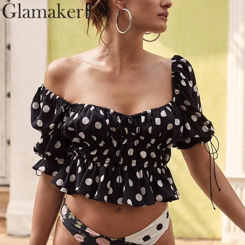 

Glamaker Polka dot ruffles blouse shirt Women autumn lace up blouse crop top 2019 NEW Puff sleeve square collar top winter