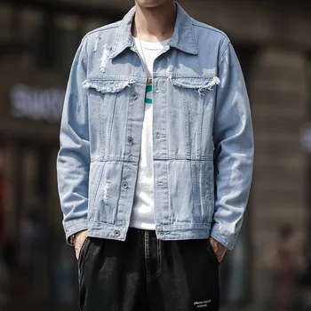 

2019 men fall denim jacket loose long sleeve hole light casual jacket