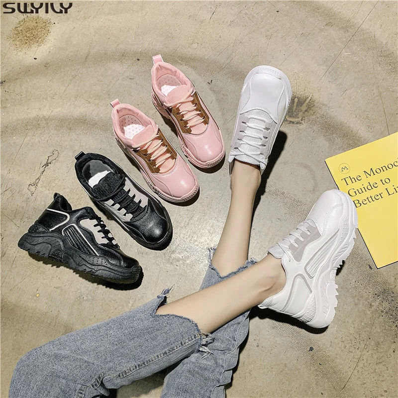 

SWYIVY Platform Sneakers Women Casual Shoes Autumn 2019 Breathable PU White Shoes Woman Sneakers Shallow Ladies Shoe Med Heel 41