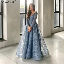 Серен Хилл Дубай синее роскошное сексуальное вечернее платье с v-образным вырезом кружевное платье ручной работы с цветами и длинными рукавами официальное вечернее платье CLA60899