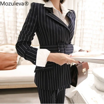 

Mozuleva Irregular Striped Women Pant Suit OL Style 2 Pieces Set Sashes Blazer Jacket & Flare Pant Double Breasted Business Suit