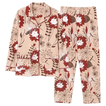 

2020 Ladies Print Sleepwear 100% Cotton Long-Sleeved Trousers Pajamas Suit Simple Style Long Pijamas Mujer Women's Home Service