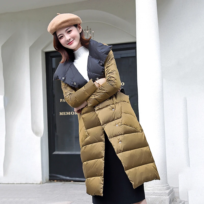 Женский Двусторонний пуховик, куртка, зимняя длинная водолазка, 90% белое пуховое пальто, MS двубортная теплая парка, зимняя верхняя одежда