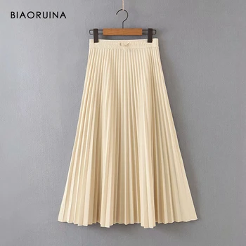 

BIAORUINA Women's Casual Cream-colored Pleated Skirt Office Lady Korean Style Drawstring Elastic High Waist Skirts