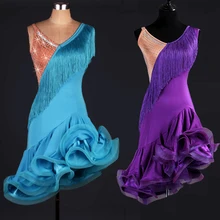 Новое Женское платье АТС для латинских танцев Голубое озеро красное с кисточками аксессуары Чача Румба Самба платье для фламенко
