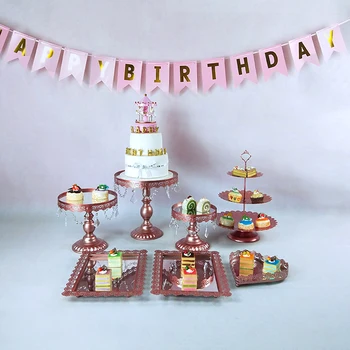 

new mirrors 7pcs Crystal Pendant Cake Stand Mirror Surface Wedding Dessert Tray Cupcakes Fruits Cookies Pan Display Serving Rack