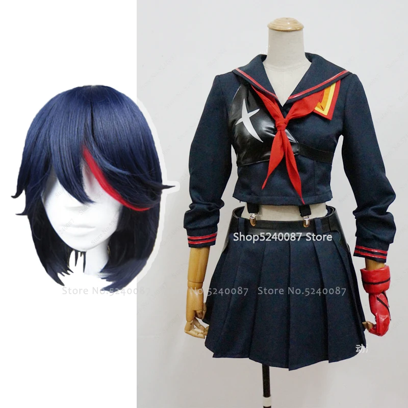 Аниме Kill La Kill Matoi Ryuko парики короткие волосы Косплей Костюм ожерелье футболка юбка жилет шарф перчатки Пояс школьная форма костюм