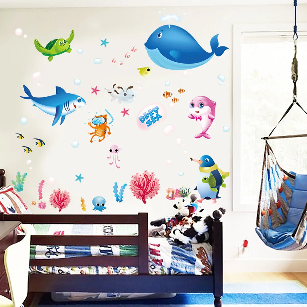 Милые животные океана наклейки на стену виниловое Искусство Дети Детская комната мультфильм красочные рыбы Акула украшение для комнаты