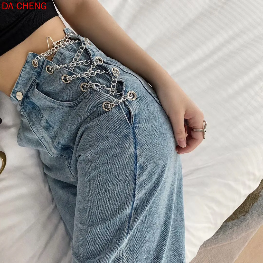 Babygirl Queen-Level Chain Print High-Waist Straight Loose-Fit Floor Pants Wide-Leg Jeans for Women Mom Jeans Mujer Pantalones
