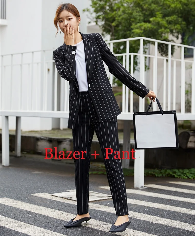 Blazer and Pant Set Женский Повседневный блейзер в синюю полоску, женские деловые костюмы со штанами и курткой, комплекты одежды для работы, Офисная форма, стили - Цвет: Blazer and Pant Set