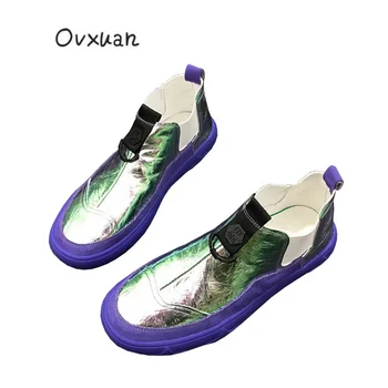 

Luxury Brand Laser Leather Men Loafers Low-top Change Color Rainbow Star Soft Sole Slip-On Men Shoes Hip Hop Leisure Men's Flats