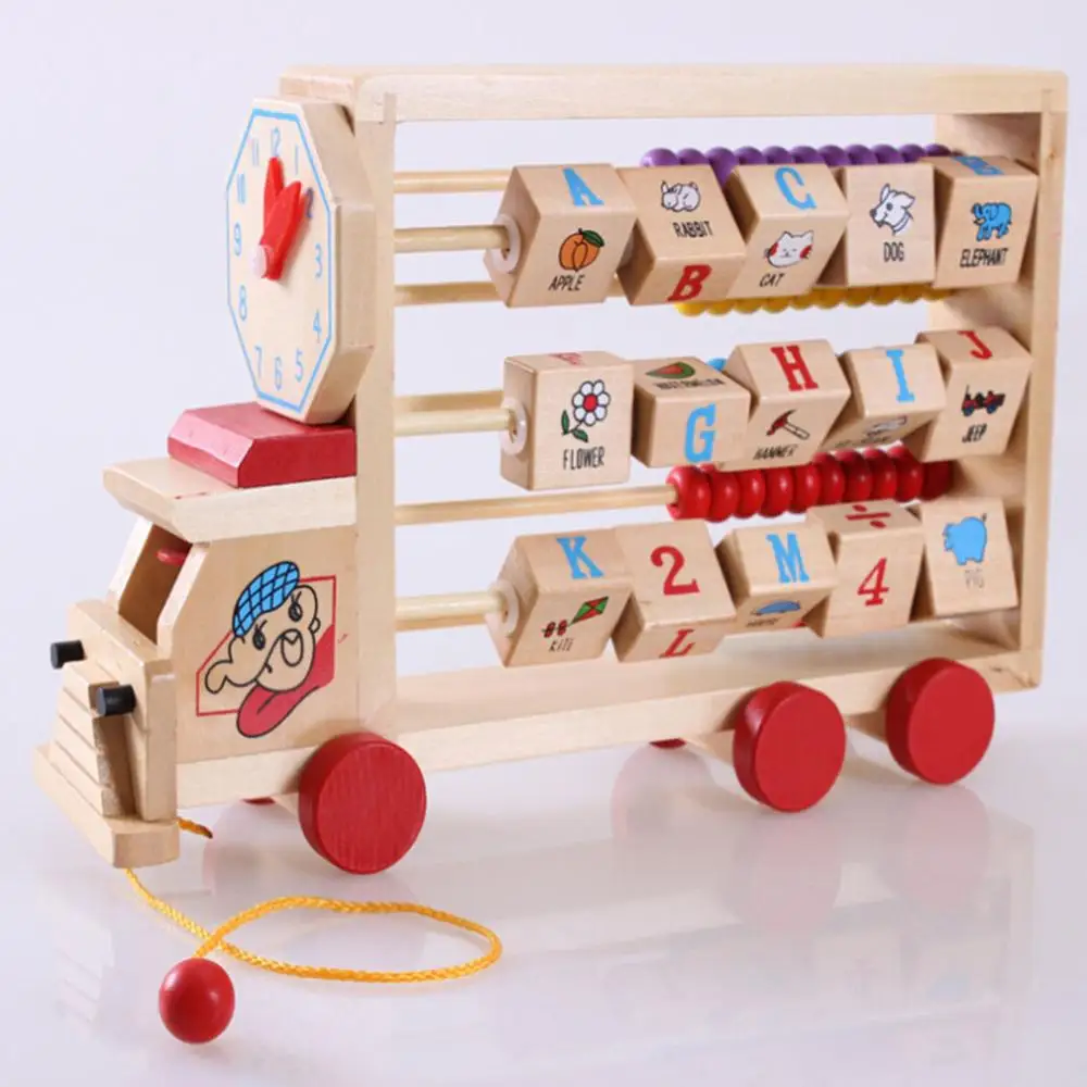 Wooden Car Shape Abacus Letter Blocks Clock Counting Game Mathematical Learning Educational Toys Birthday Gift For Children - Color: Colorful