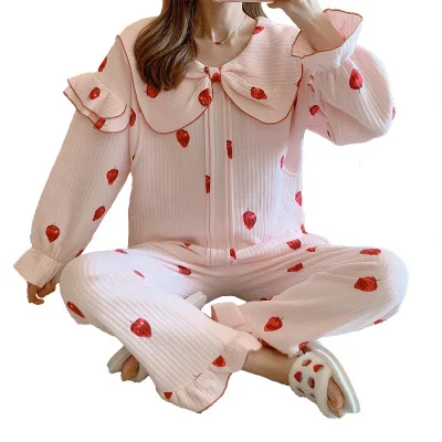 New pregnant bow tie print air layer moon suit autumn and winter warm and comfortable pregnancy pajamas postpartum home set - Цвет: Арбузно-красный