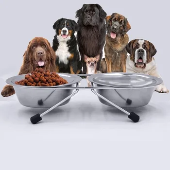 

Dog Bowl Pet Stainless Steel Bowl Iron Bowl Dog Bowl Non-slip Iron Bracket Stainless Steel Double Bowl 17cm