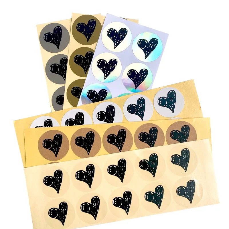 100PCS LOVE Stickers Heart Black hand painted round transparent white sealing sticker diy cowhide foil gold silver 35MM