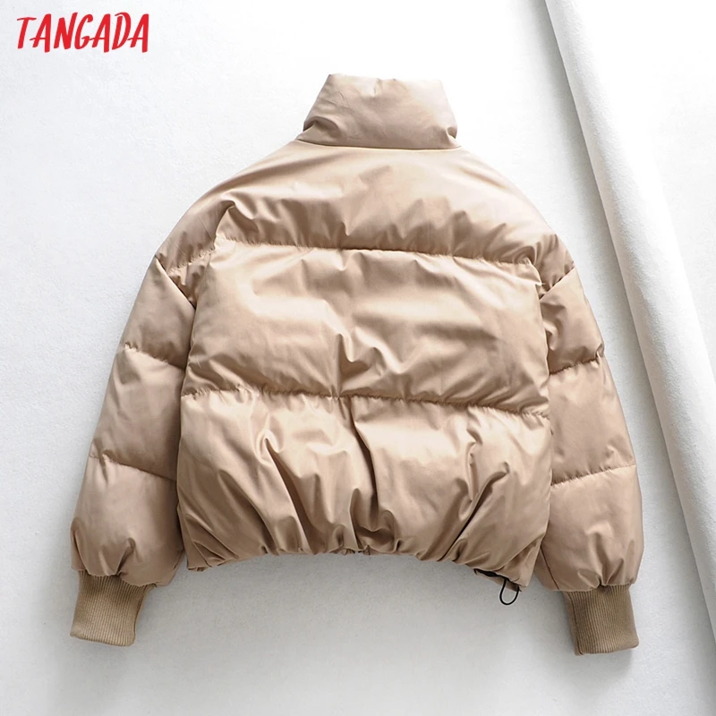 Tangada Women Solid Khaki Oversize Parkas Thick Winter Zipper Pockets Female Warm Elegant Coat Jacket 6A120