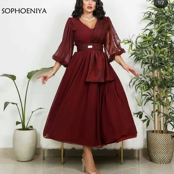 

2020 New Arrival A-Line Chiffon V-Neck Evening Dresses Burgundy Muslim Formal Dress Party Vestidos De Fiesta