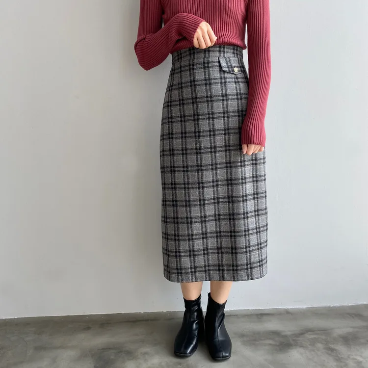Mooirue Spring Woman Woolen Skirt Vintage Harajuku High Waist Lattice Long Woolen Loose Fit Female Saia