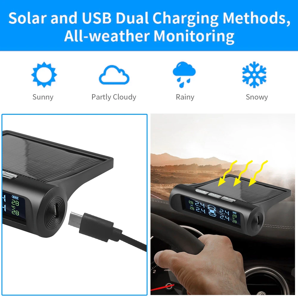 Car Tire Pressure Monitor Car Tire Pressure Sensor 433.92MHZ Car TPMS Digital Solar Power Car Tire Pressure Monitoring System With 4 Sensors USB Auto Security Alarm tool PSI BAR