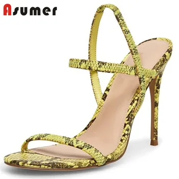 

ASUMER 2020 plus size 33-43 women sandals snake pu slip on simple summer sexy thin high heels sandals ladies party shoes