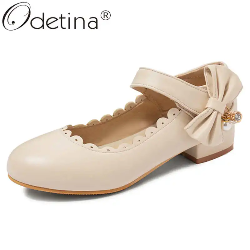 

Odetina Women Fashion Block Mid Heel Ruffles Bow Mary Janes Sheos Ladies Elegant Round Toe Hook Loop String Bead Casual Shoes