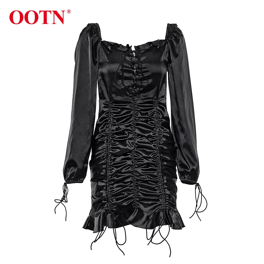 OOTN, сексуальное сатиновое платье с открытыми плечами и рюшами, мини-платье с рюшами и завязками, женское черное элегантное платье с длинным рукавом