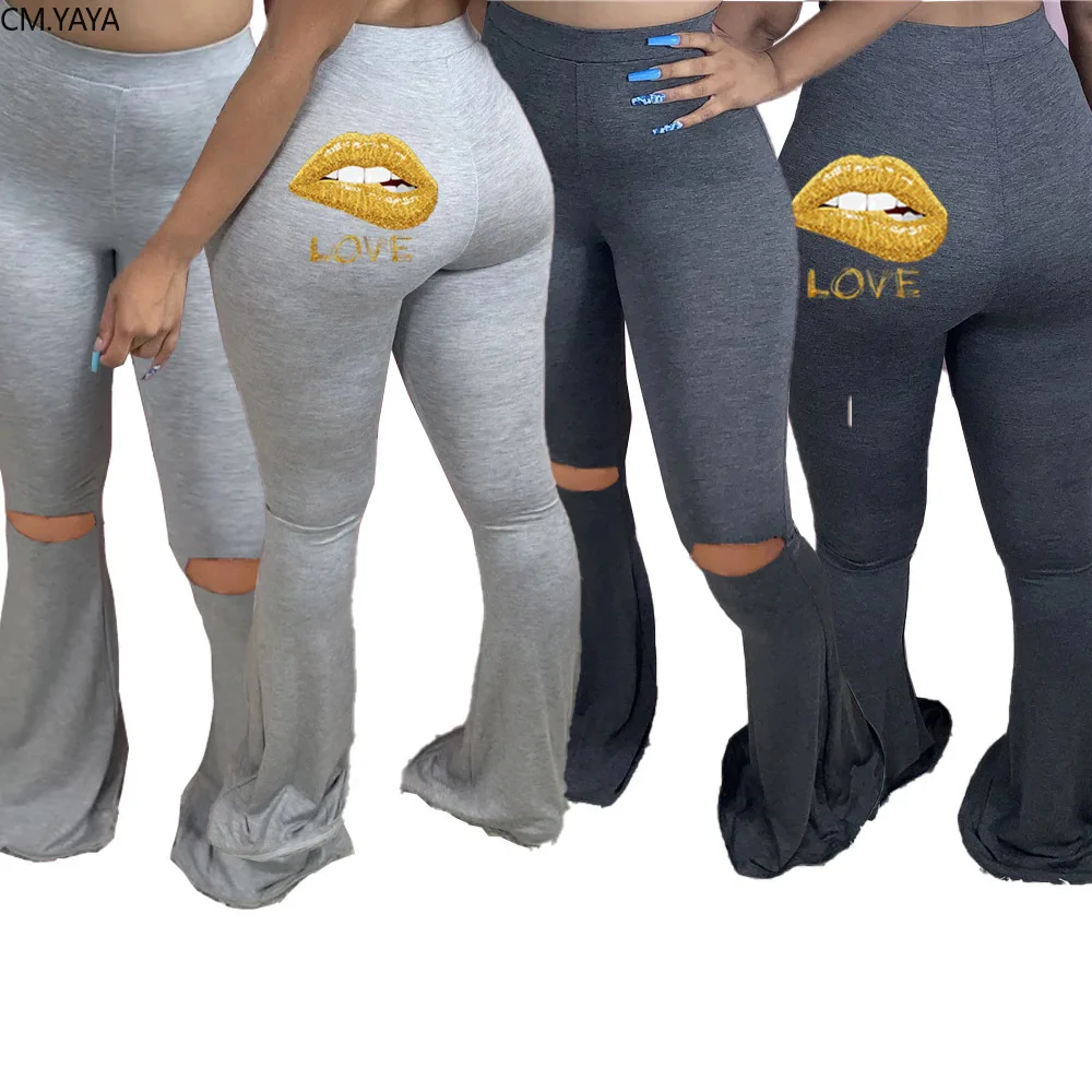 CM.YAYA Lips Love Print Women Elastic Hole Wide Leg Flare Pants Leggings High Waist Trousers Draped Jogger Sweatpants | Женская одежда