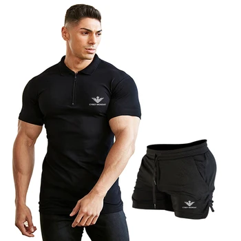 

Muscleguys Man Fashion Polo Shirt Casual Fashion Short Sleeve High Quality Slim Polo Shirt 2Piece set Men Fitness Polo homme set